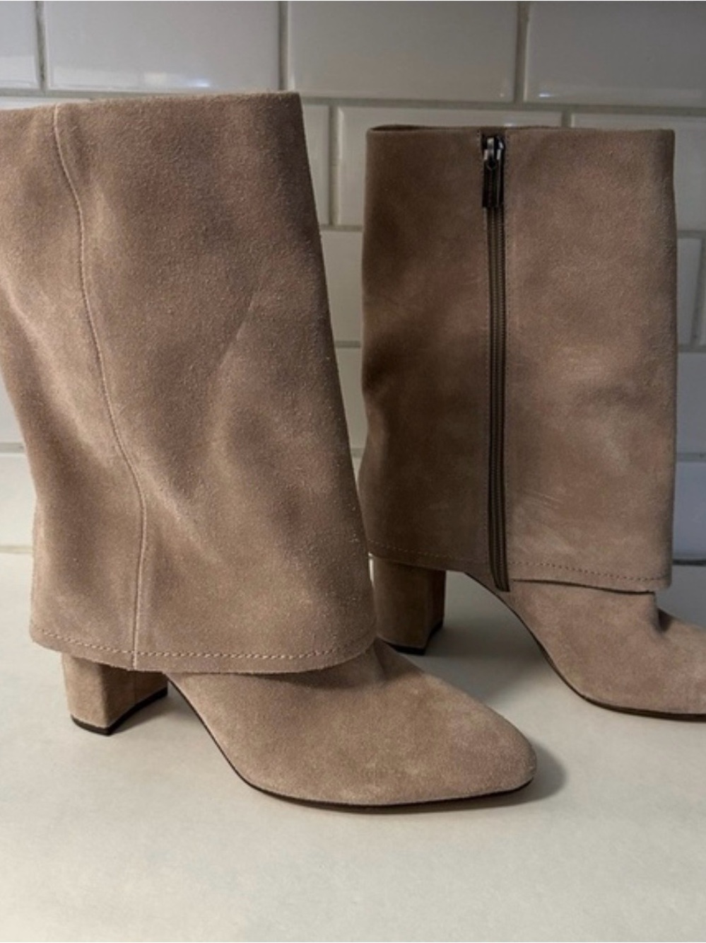 Vince Camuto Taupe Suede Mid-Calf Block Heel Boots
